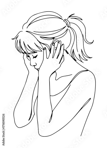 one continuous line drawing of a stressed woman with a headache