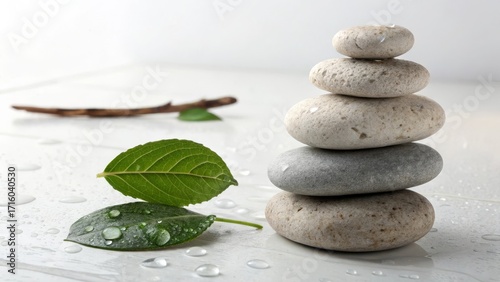 serene zen stone stack, wet green leaves, water drops on white surface for spa and wellness