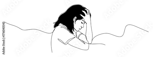 young woman stressed and worried monoline thin lineart vector illustration