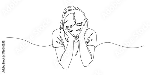 upset woman holding head in hands monoline thin lineart vector design