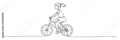 girl riding bicycle outdoor monoline thin lineart vector illustration