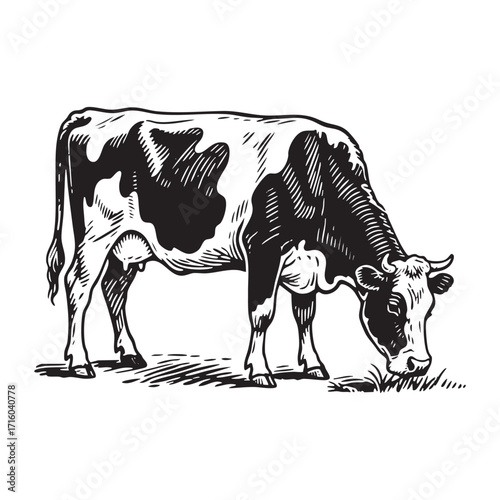 dairy cow grazing Retro Style Black and White Engraving Illustration
