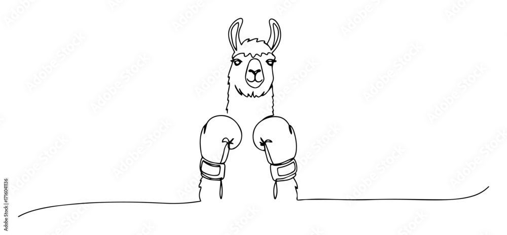 Fototapeta premium boxing llama with gloves contour monoline vector lineart thin outline doodle