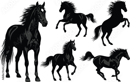 Black Horse Silhouette Vector Set, Galloping, Rearing, Standing Poses, Flowing Mane, Dynamic Animal Illustration, Powerful Equine Motion, Graceful Horse Artwork