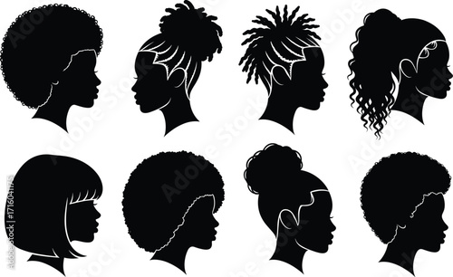 Black Woman Silhouette Hairstyles, Afro, Bun, Braids, Locs, Bob, Curly Ponytail, Natural Hair Vector Set, Diverse Hair Profile Illustration
