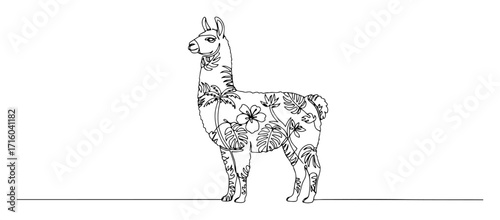 single continuous line drawing of a llama with a tropical floral pattern