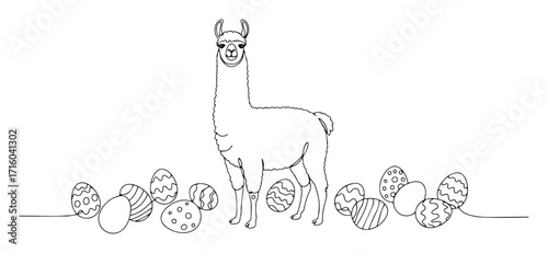 llama with easter eggs holiday decoration monoline oneline vector outline