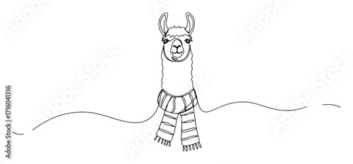 winter llama wearing scarf in snow monoline oneline vector outline