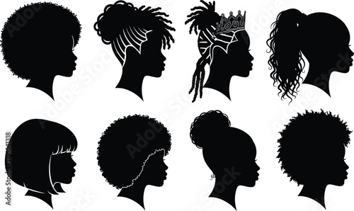 Black hairstyle silhouette vector set, afro, dreadlocks, bun, ponytail, bob, curly hair icons, diverse hair profile illustration, Adobe Stock