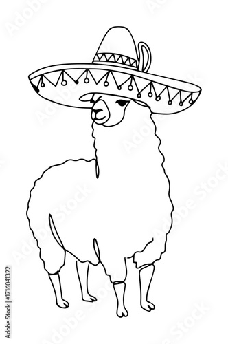 standing llama wearing sombrero festive monoline oneline vector outline