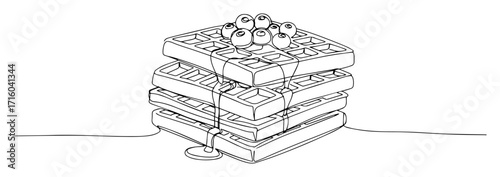 one continuous line drawing of belgian waffles with syrup and berries breakfast food vector sketch