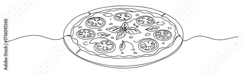 pizza margherita with basil continuous one line drawing vector