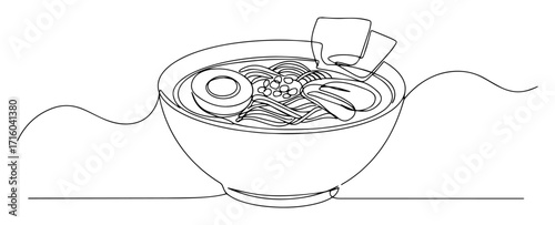 japanese ramen noodle soup bowl one continuous line art vector