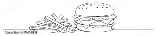 burger and french fries fast food continuous one line drawing