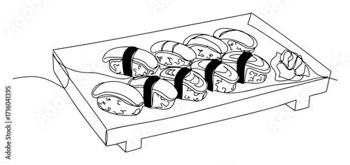 sushi set rolls on plate continuous one line art vector