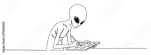 one single line drawing of an alien character writing in a notebook at a desk vector design