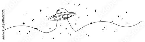 one continuous line drawing of a ufo flying in space with stars minimalist vector illustration