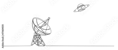 single continuous line drawing of a satellite dish and a ufo in the sky vector lineart