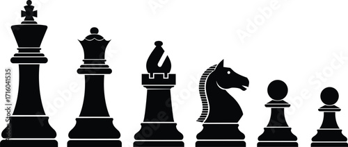 Chess piece silhouette set, black vector icons, king queen rook knight bishop pawn, classic board game symbols, strategy illustration, white background