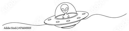 one continuous line drawing of a cute alien character driving a ufo flying saucer sci-fi vector illustration