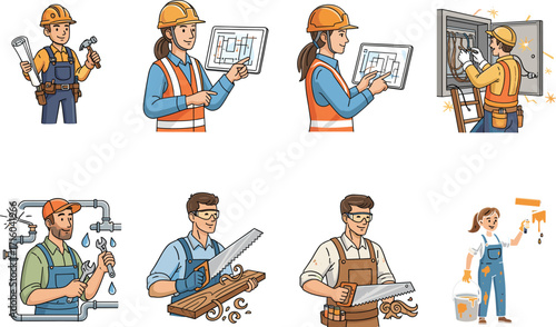 Construction Workers and Skilled Tradespeople Performing Engineering, Carpentry, Plumbing, Electrical, Painting, and Architectural Tasks in Safety Gear Vector Illustration