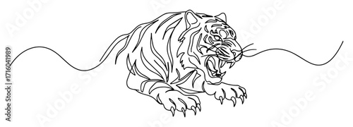 aggressive tiger crouching ready to attack monoline thin lineart vector illustration