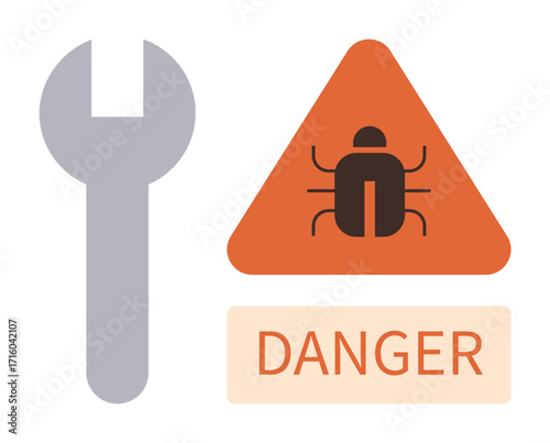 Wrench beside triangular bug warning sign with Danger label signifying troubleshooting, software bugs, or system errors. Ideal for cybersecurity, IT support, software errors, risk, development