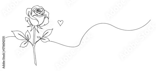 single one line drawing of a beautiful rose flower with a heart symbol of love and romance vector design