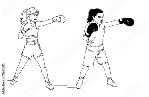 single continuous line drawing of two female boxers in a fight sports competition concept vector illustration set