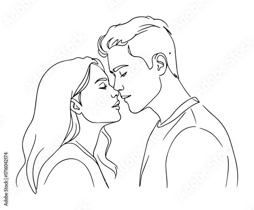 single one line drawing close-up portrait of a romantic couple about to kiss intimate love concept vector design