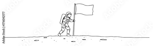 one continuous line drawing of an astronaut planting a flag on the moon space exploration success vector sketch