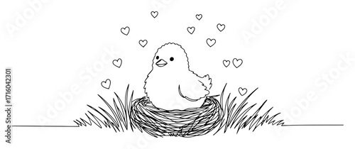single one line drawing of a cute baby chick in a nest surrounded by hearts easter animal vector lineart