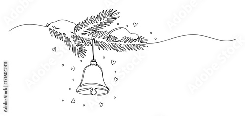 one continuous line drawing of a christmas jingle bell on a fir branch holiday decoration vector sketch