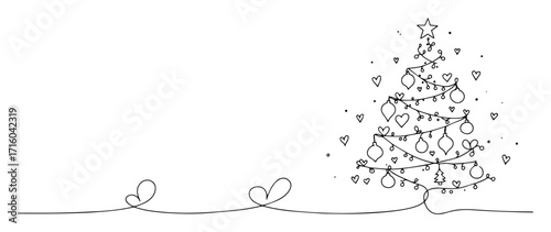 single continuous line drawing of a decorated christmas tree with love hearts festive holiday vector design