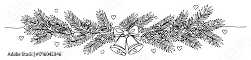 christmas garland with jingle bells and fir branches continuous one line art drawing vector design