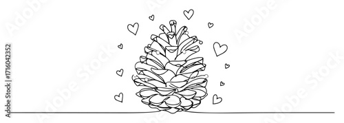 pine cone with love hearts christmas symbol continuous one line drawing vector sketch