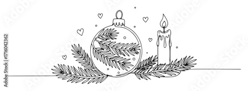 christmas bauble ornament and candle with fir branch continuous one line art vector doodle illustration