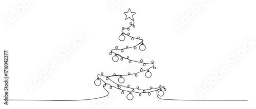 minimalist christmas tree with lights and star continuous one line drawing vector design