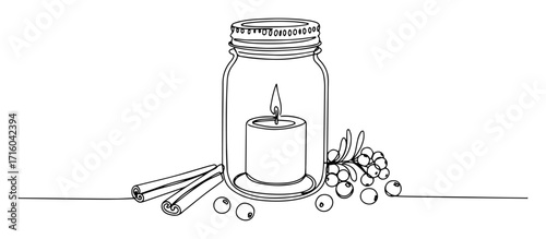 mason jar candle with cinnamon sticks and berries cozy hygge scene thin lineart monoline vector