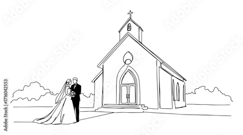 one continuous line drawing of a wedding couple bride and groom in front of a church marriage ceremony vector illustration