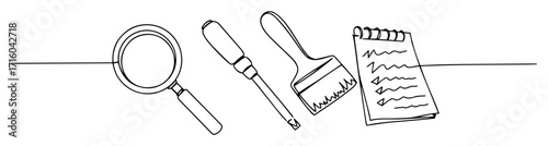 one continuous line drawing of paleontology excavation tools including magnifying glass brush and notebook vector art