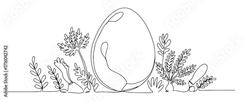 one continuous line drawing of a large dinosaur egg in a nest with prehistoric plants vector illustration