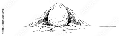large dinosaur egg in a cave nest continuous one line drawing vector prehistoric art