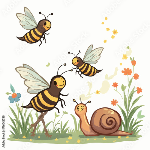 Whimsical cartoon illustration of cheerful bees buzzing around a friendly snail in a vibrant meadow filled with colorful wildflowers and green grass, depicting a joyful spring day in nature