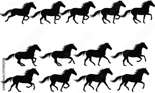Horse gallop silhouette sequence, black running horse motion, equine locomotion stages, dynamic animal movement, biomechanics reference, animation frame study, vector illustration
