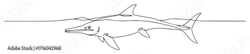 prehistoric ichthyosaur swimming in ocean monoline thin lineart vector illustration