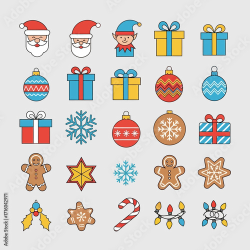 Collection of colorful Christmas icons, featuring Santa, elves, gifts, ornaments, snowflakes, gingerbread men, and candy canes.