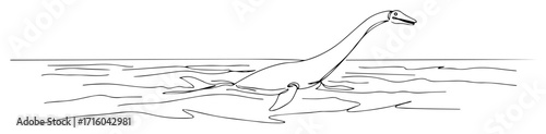 plesiosaur dinosaur swimming in sea monoline thin lineart vector illustration
