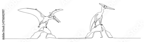 pterodactyl and heron prehistoric flying birds monoline thin lineart vector design