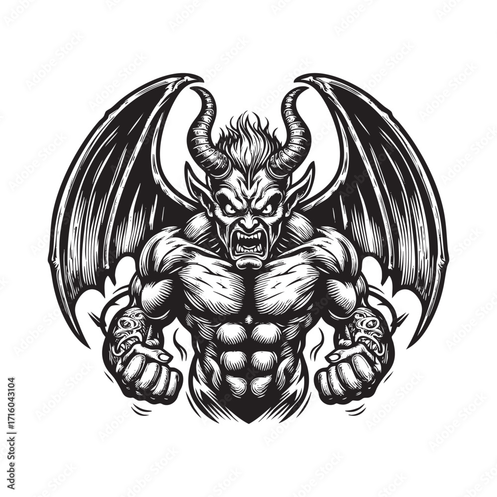 Obraz premium Satan with wings Retro Style Black and White Engraving Illustration